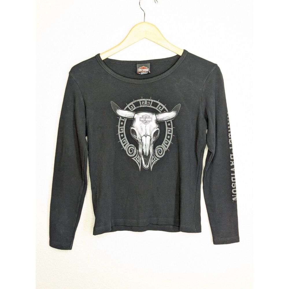 Harley -Davidson Japan Wms Long Sleeve Black Shirt Size M Cow Skull Vtg 2004